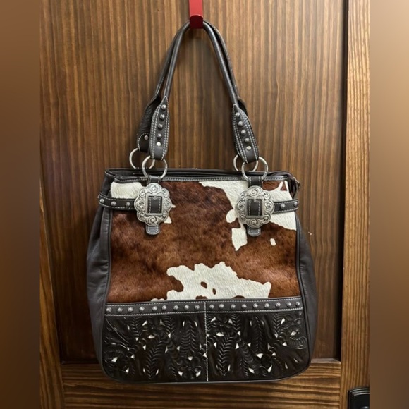 American West Handbags - American West Brown and White Cowhide Leather Tote